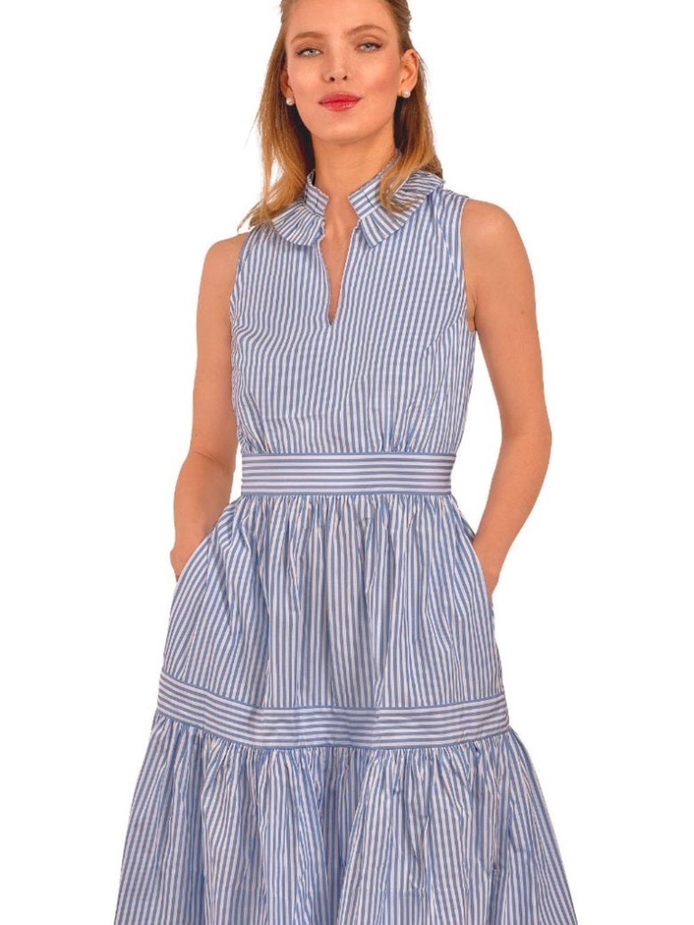Blue and White Striped Ruffle-Trim Tiered Dress